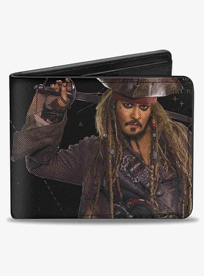Disney Pirates Of The Caribbean Jack Sparrow Vivid Pose Pirates Logo Skull Bifold Wallet