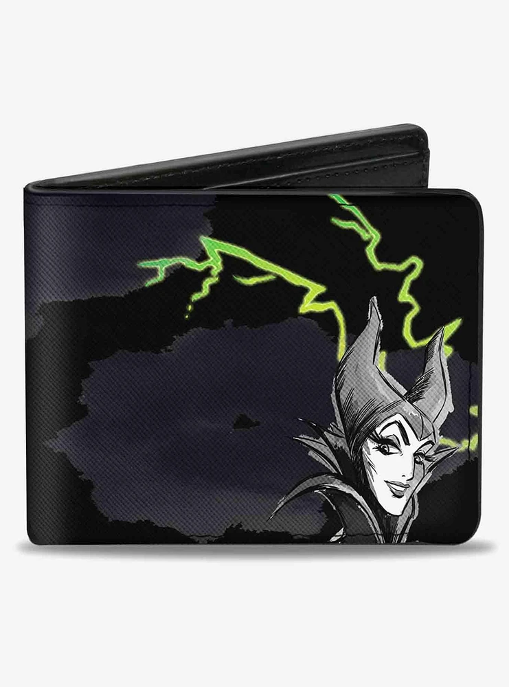 Disney Maleficent Smiling Sketch Lightning Clouds Bifold Wallet