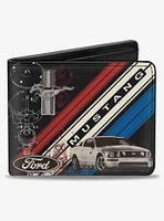 Mustang Tri Bar Logo Diagonal Stripe Blueprint Bifold Wallet