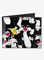 Looney Tunes Sylvester and Tweety Poses Scattered Canvas Bifold Wallet