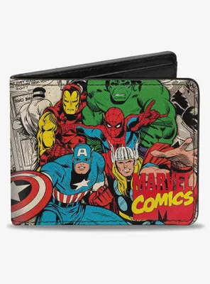 Marvel 5 Avengers Group Marvel Comics Logo Stacked Comic Scenes Bifold Wallet