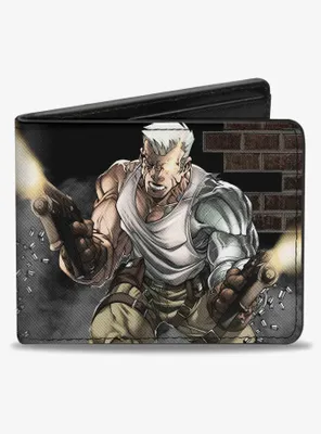 Marvel X-Men Cable Shooting Cover Pose Smoke Brick Wall Bifold Wallet