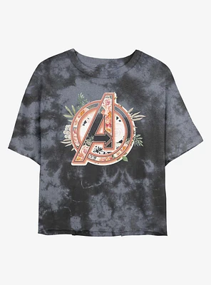 Marvel Avengers Floral Logo Tie-Dye Girls Crop T-Shirt