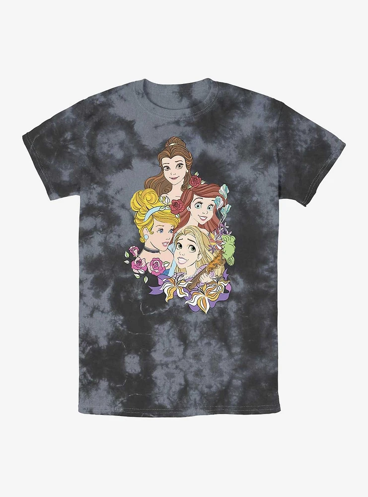 Disney Princesses Belle, Ariel, Cinderella, and Rapunzel Portrait Tie-Dye T-Shirt