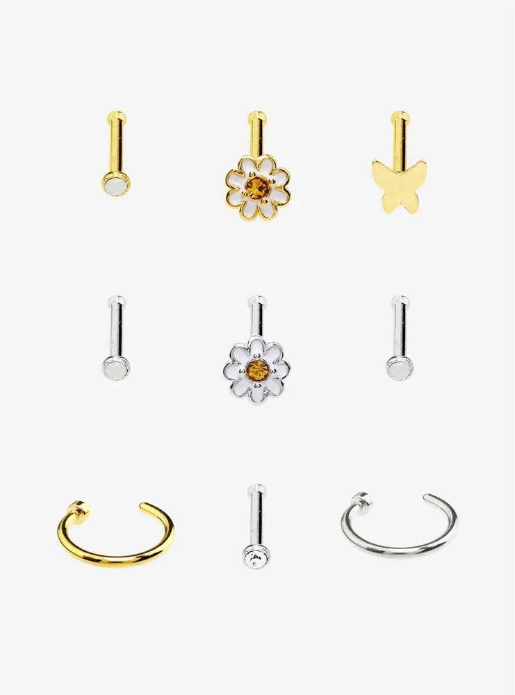 Steel Gold Daisy Butterfly Nose Stud & Hoop 9 Pack