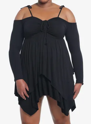 Thorn & Fable Black Hanky Hem Girls Cold Shoulder Dress Plus Size