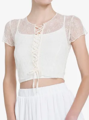 Thorn & Fable Ivory Lace-Up Girls Lace Crop Top