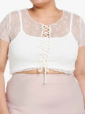 Thorn & Fable Ivory Lace-Up Girls Lace Crop Top Plus