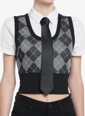 Social Collision Argyle Vest Girls Woven Twofer Top