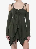 Thorn & Fable Green Hanky Hem Girls Cold Shoulder Dress