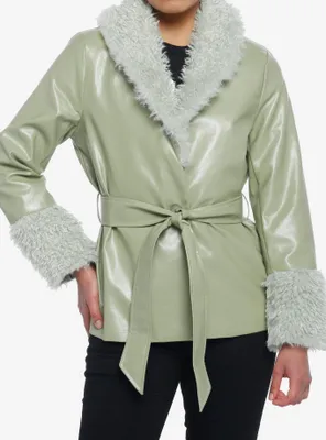 Green Fuzzy Trim Girls Faux Leather Jacket