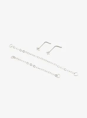 Steel Silver CZ Nose Stud With Chain 2 Pack