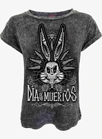 Looney Tunes Bugs Bunny Muertos Acid Wash Turnup Sleeve T-Shirt