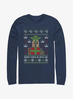 Star Wars Yoda Merry Force Ugly Christmas Pattern Long-Sleeve T-Shirt