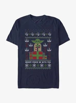 Star Wars Yoda Merry Force Ugly Christmas Pattern T-Shirt