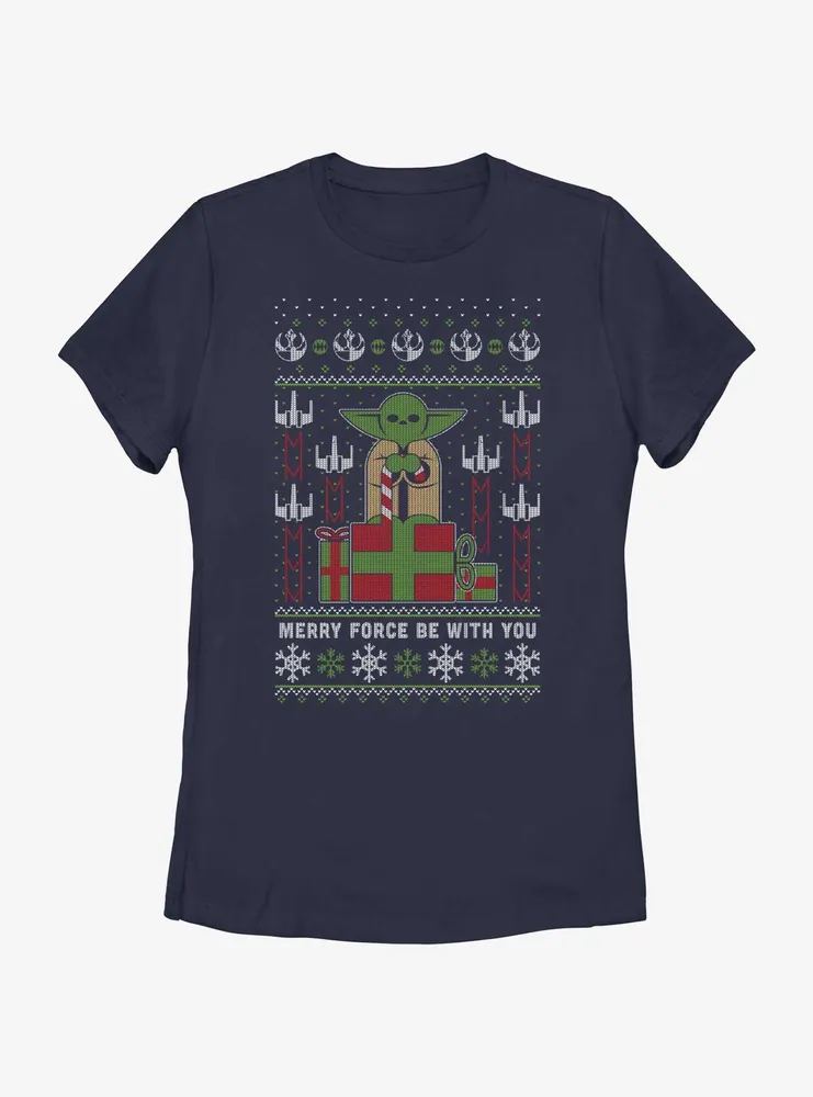 Star Wars Yoda Merry Force Ugly Christmas Pattern Womens T-Shirt