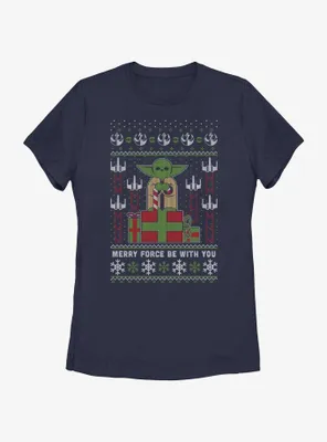 Star Wars Yoda Merry Force Ugly Christmas Pattern Womens T-Shirt