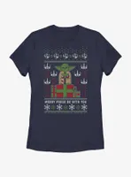 Star Wars Yoda Merry Force Ugly Christmas Pattern Womens T-Shirt