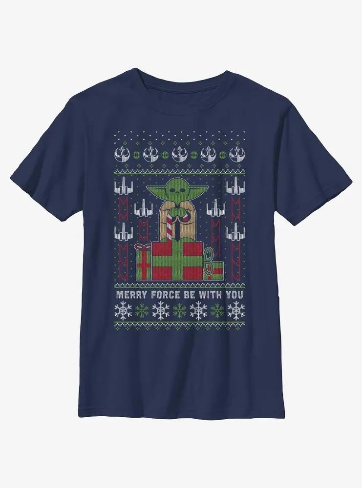 Star Wars Yoda Merry Force Ugly Christmas Pattern Youth T-Shirt