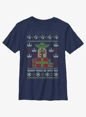 Star Wars Yoda Merry Force Ugly Christmas Pattern Youth T-Shirt