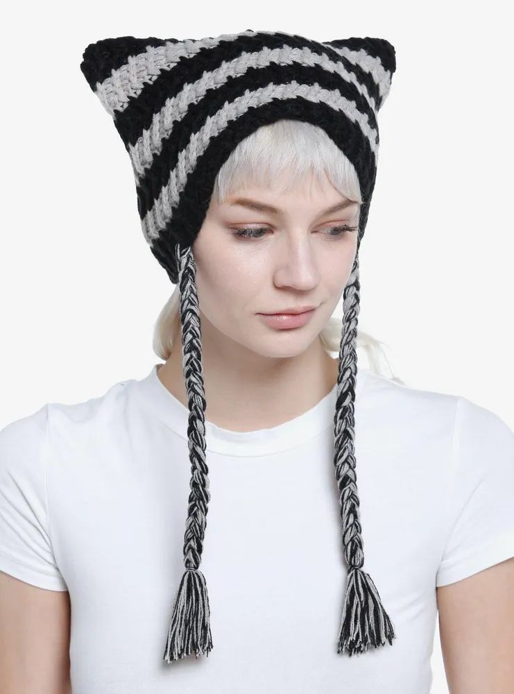 Grey & Black Cat Ear Tassel Beanie