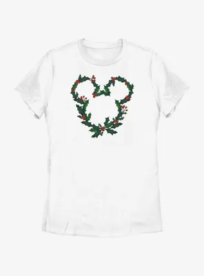 Disney Mickey Mouse Mistletoe Wreath Ears Womens T-Shirt