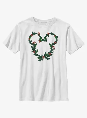 Disney Mickey Mouse Mistletoe Wreath Ears Youth T-Shirt