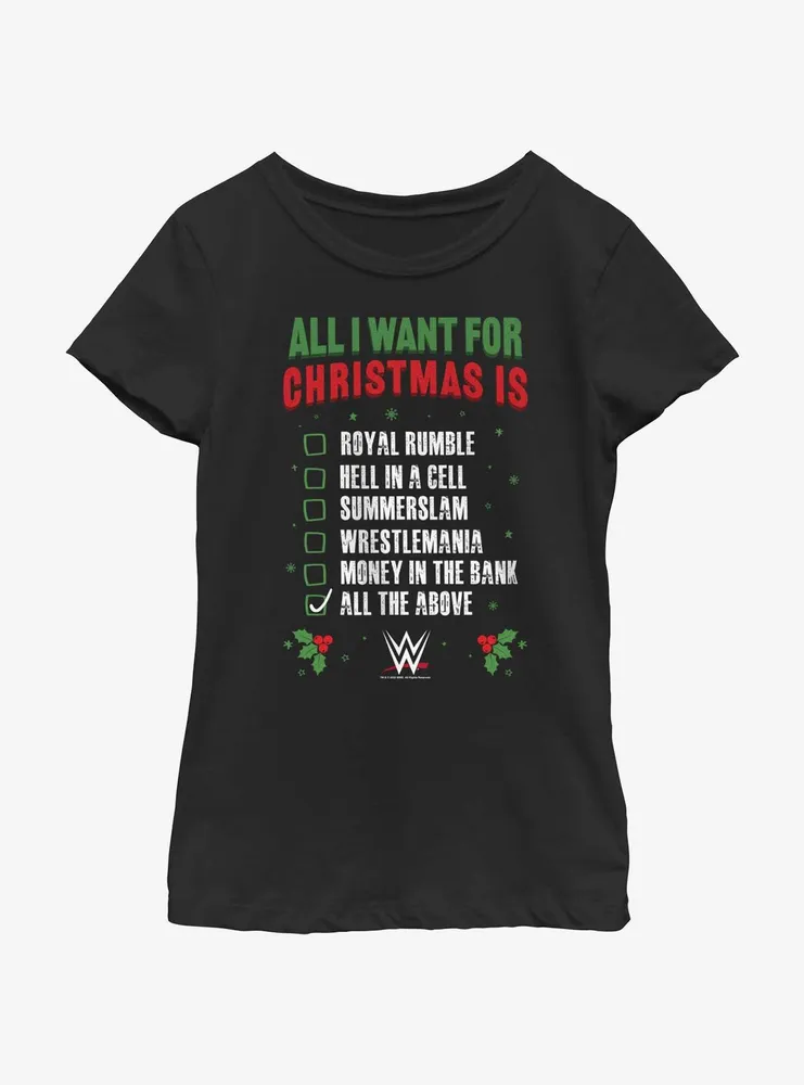 WWE All I Want For Christmas Wish List Youth Girls T-Shirt