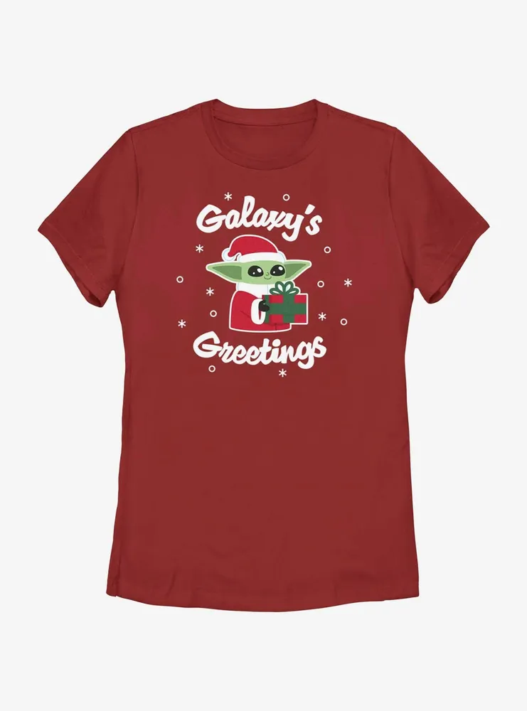 Star Wars The Mandalorian Santa Grogu Galaxy's Greetings Womens T-Shirt