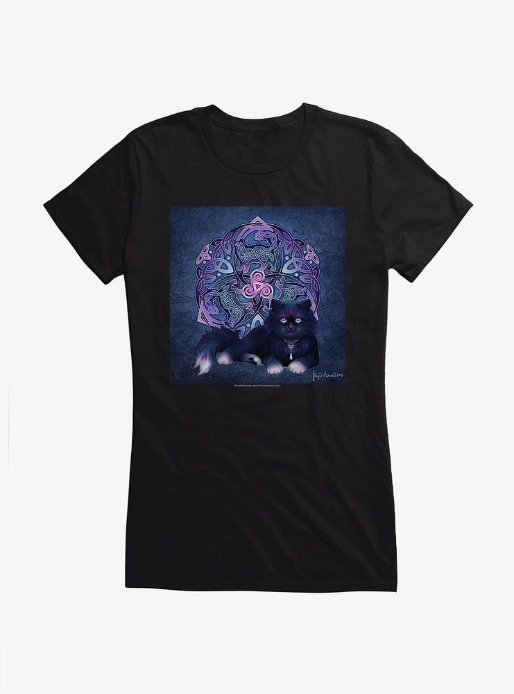 Celtic Black Fluffy Cat Girls T-Shirt by Brigid Ashwood