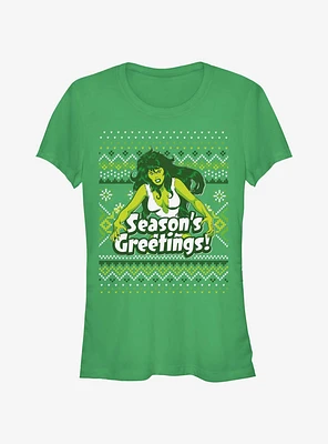 Marvel Hulk She-Hulk Season's Greetings Ugly Christmas Girls T-Shirt
