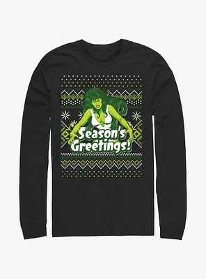 Marvel Hulk She-Hulk Season's Greetings Ugly Christmas Long-Sleeve T-Shirt