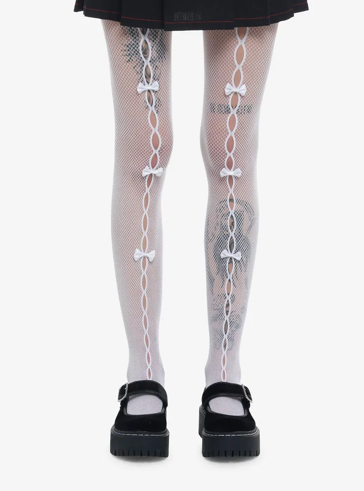 White tights bows holes front seam fishnet lace pantyhose de