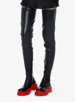 Azalea Wang Naomi Black & Red Stretch Knee High Boots
