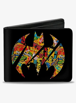 DC Comics Bat Signal Black Multi Color Logos Stacked Bifold Wallet