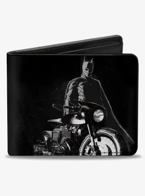 DC Comics The Batman And Batcycle Pose Black White Bifold Wallet