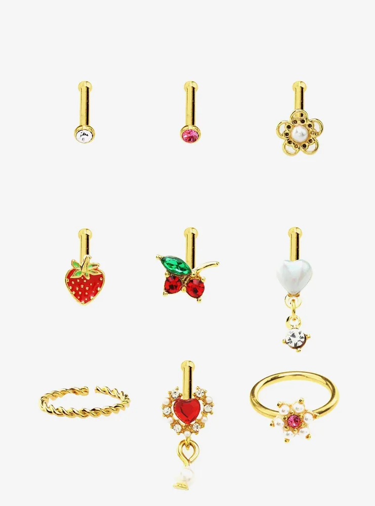 Hot Topic Steel Red Heart Rose Gem Nose Stud & Hoop 9 Pack | MainPlace Mall