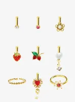 Steel Gold Cherry Strawberry Pearl Nose Stud & Hoop 9 Pack