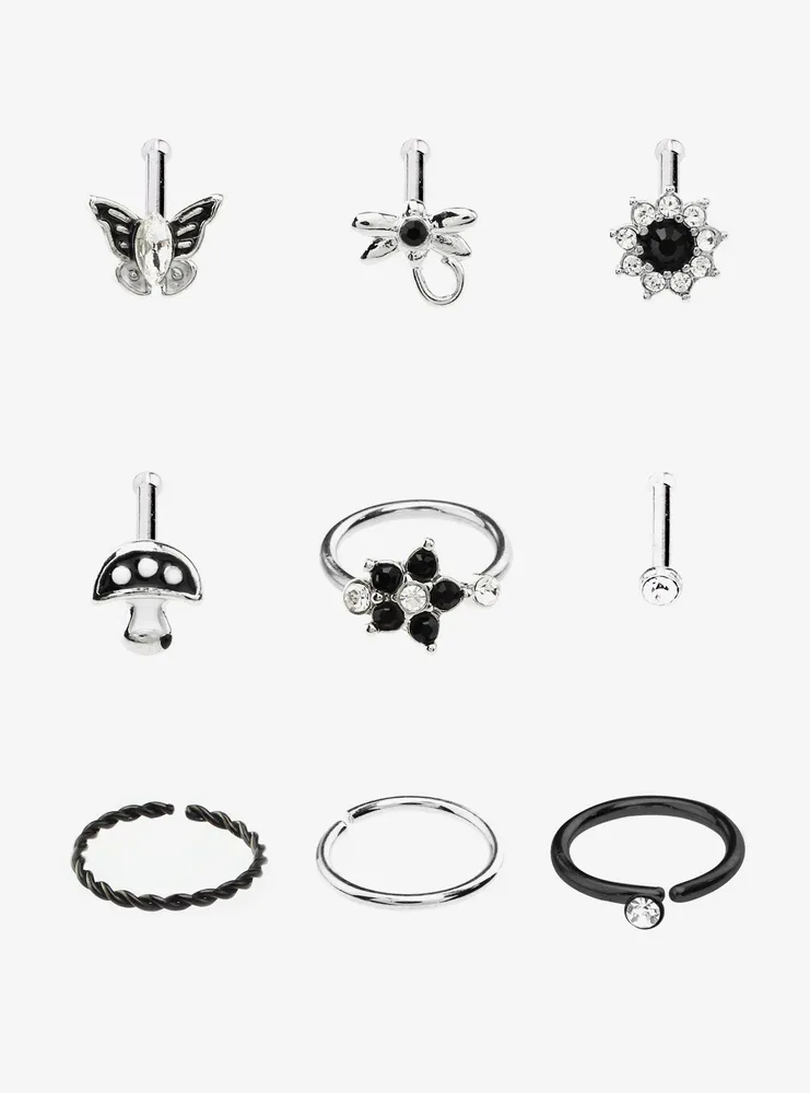 Steel Dragonfly Mushroom Nose Stud & Hoop 9 Pack