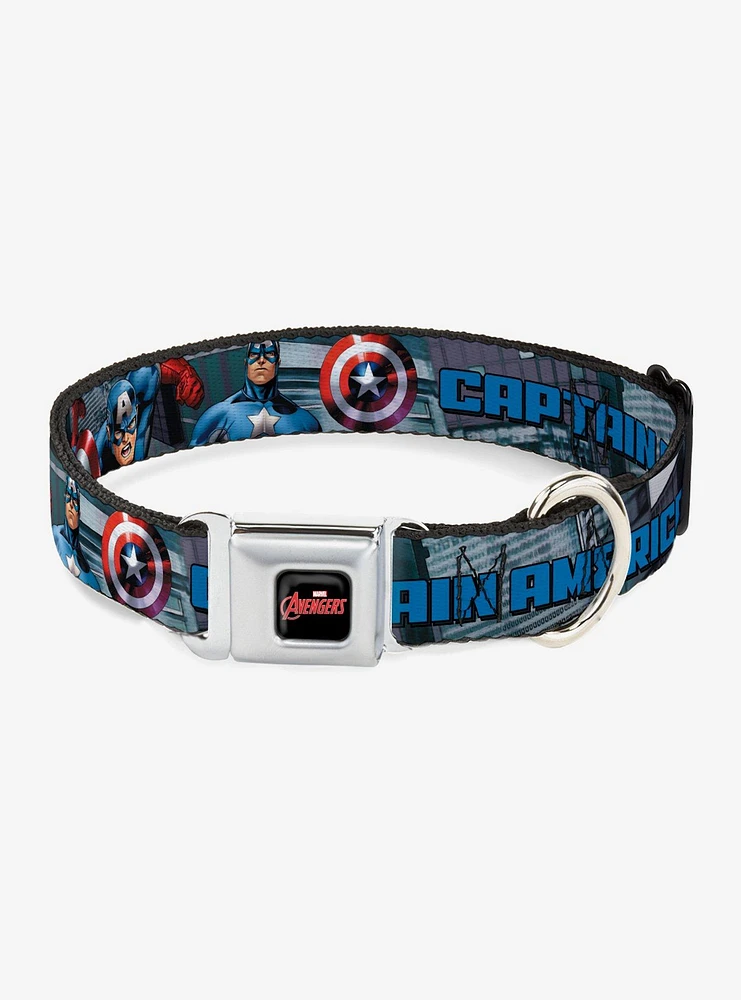 Marvel Captain America Avengers Logo Cityscape Seatbelt Buckle Dog Collar