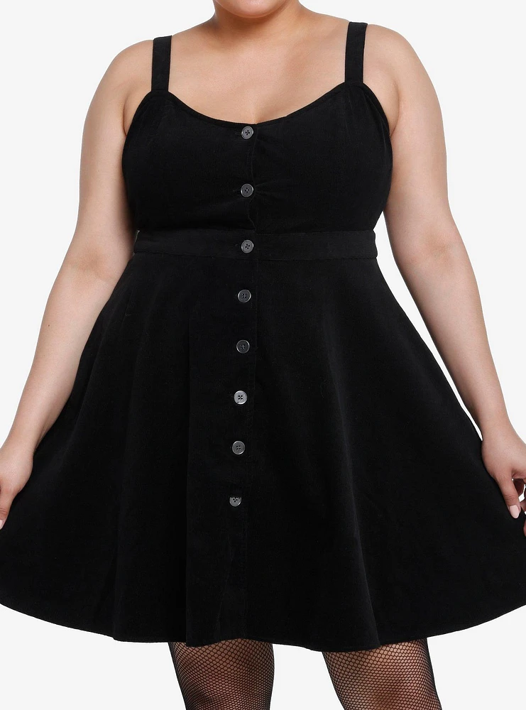 Social Collision Black Corduroy Button Front Sweetheart Dress Plus