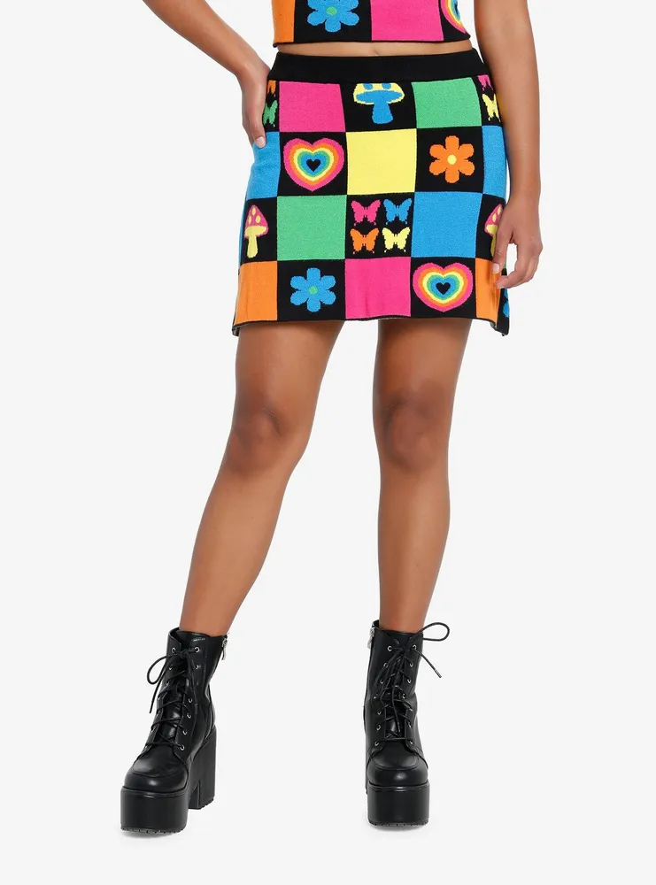 Social Collision Rainbow Retro Patchwork Knit Skirt