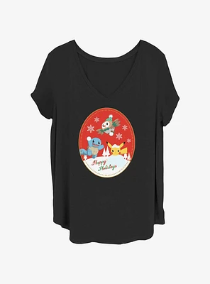 Pokemon Holiday Badge Squirtle, Rowlet, & Pikachu Girls T-Shirt Plus