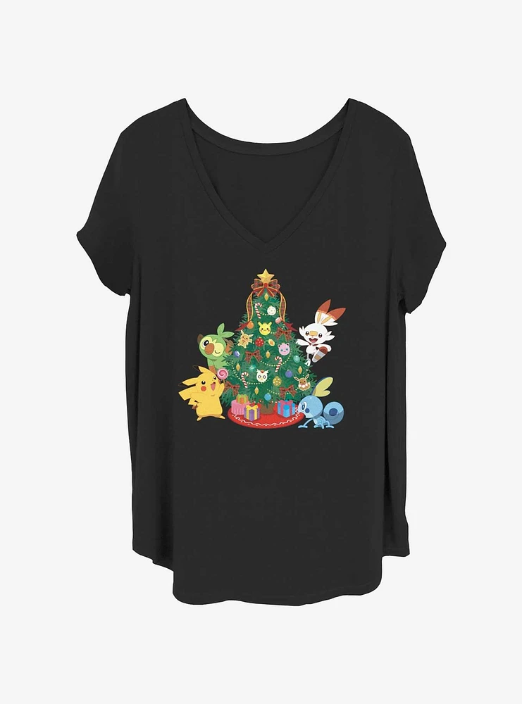Pokemon Pikachu, Grookey, Scorbunny, & Sobble Christmas Tree Girls T-Shirt Plus