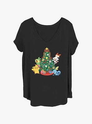 Pokemon Pikachu, Grookey, Scorbunny, & Sobble Christmas Tree Girls T-Shirt Plus