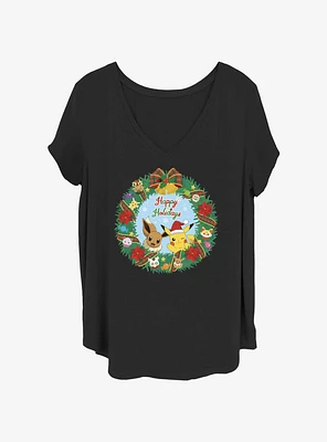 Pokemon Holiday Wreath Eevee & Pikachu Girls T-Shirt Plus