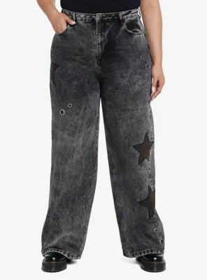 Black Star Grommet Wide Leg Denim Pants Plus