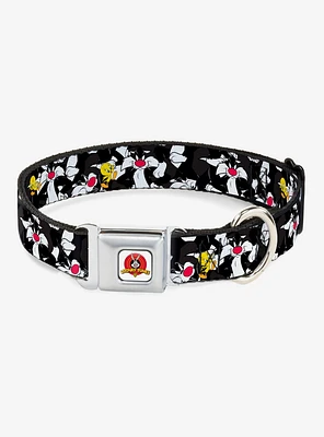 Looney Tunes Sylvester And Tweety Scattered Charcoal Seatbelt Buckle Dog Collar