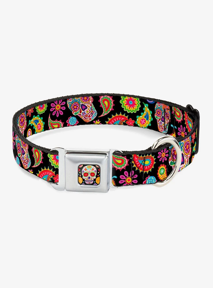 Bobo Sugar Skull Paisley Seatbelt Buckle Dog Collar