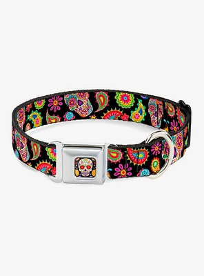 Bobo Sugar Skull Paisley Seatbelt Buckle Dog Collar